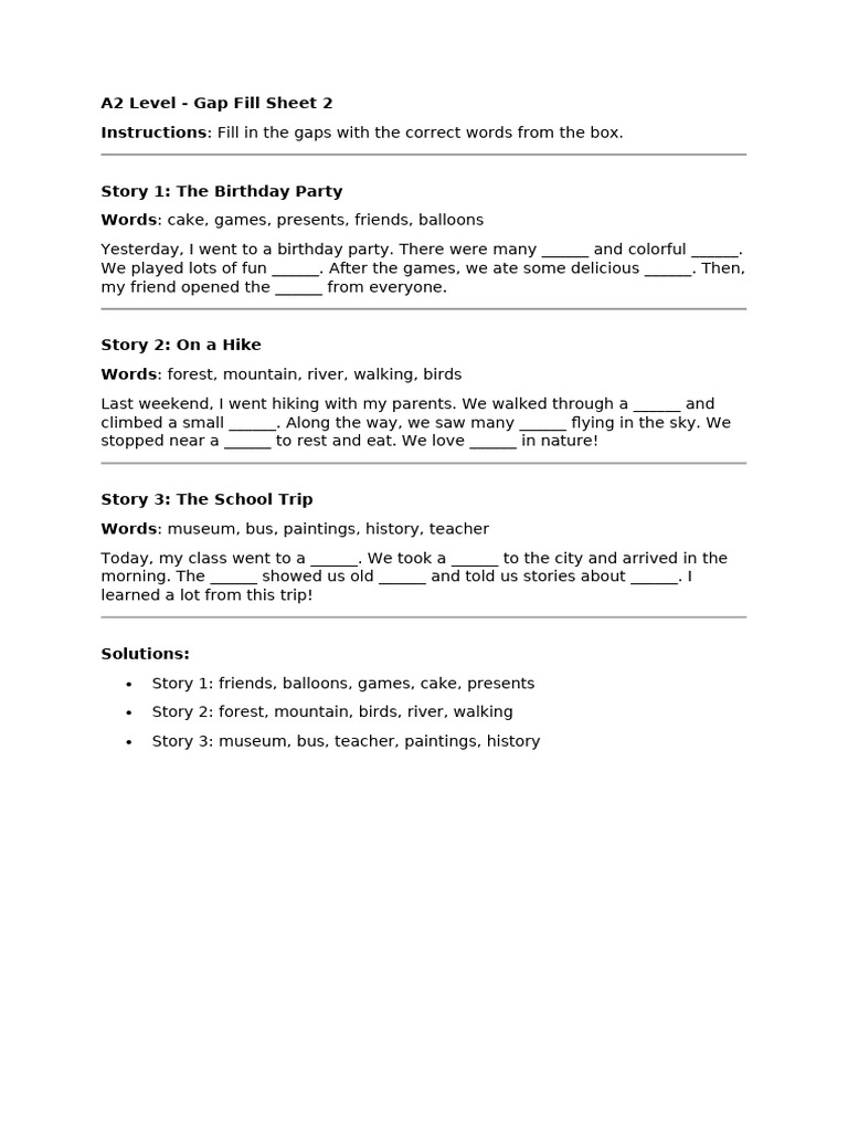 A2 level gap fill sheet 2 pdf