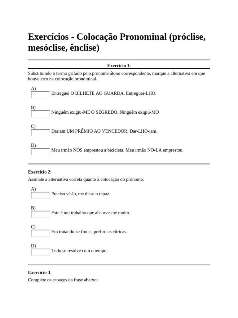 Exercícios Colocação Pronominal | PDF