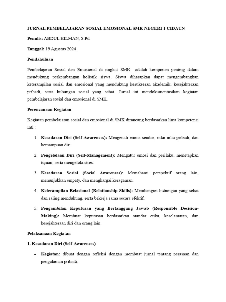 Contoh Jurnal Pembelajaran Sosial Emosional