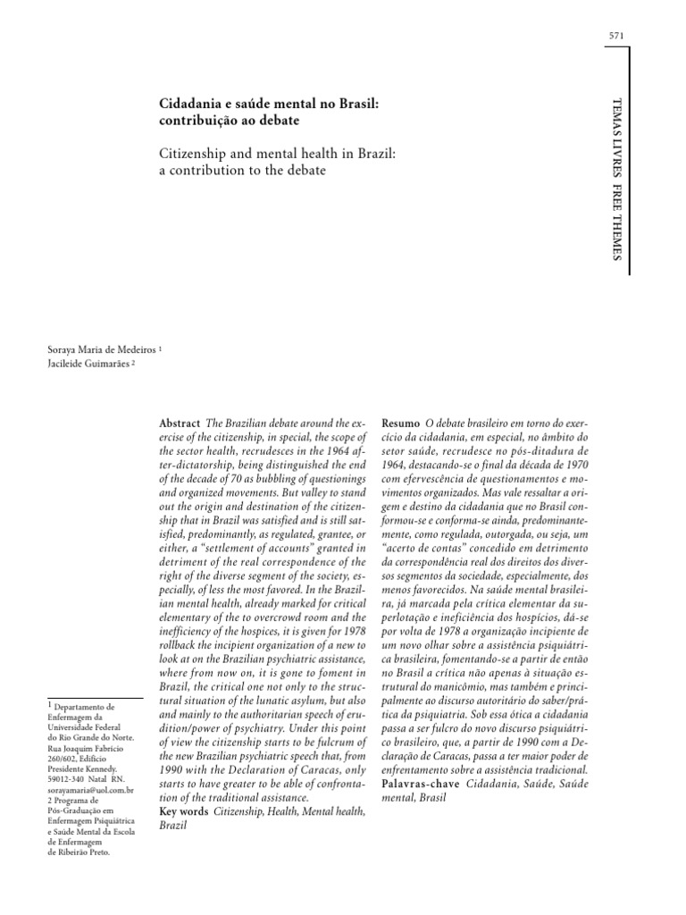 Citizenship and Mental Health in Brazil: A Contribution To The Debate | PDF