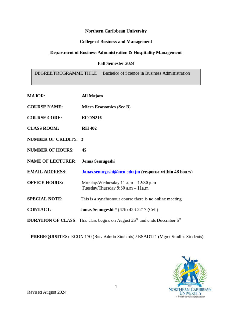 ECON216 B Microeconomics Course Outline Fall 2024 | PDF