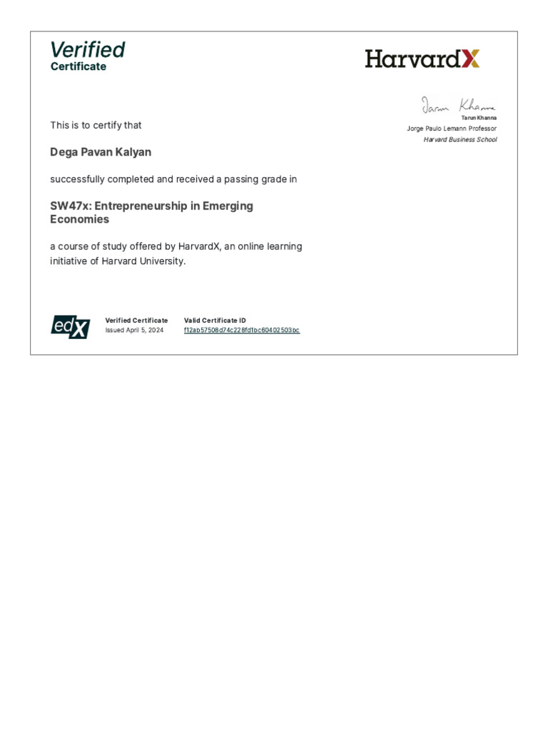 HarvardX SW47x Certificate - Edx | PDF