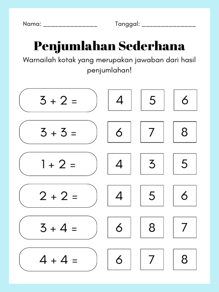 Lembar Kerja Penjumlahan Sederhana Biru Putih | PDF