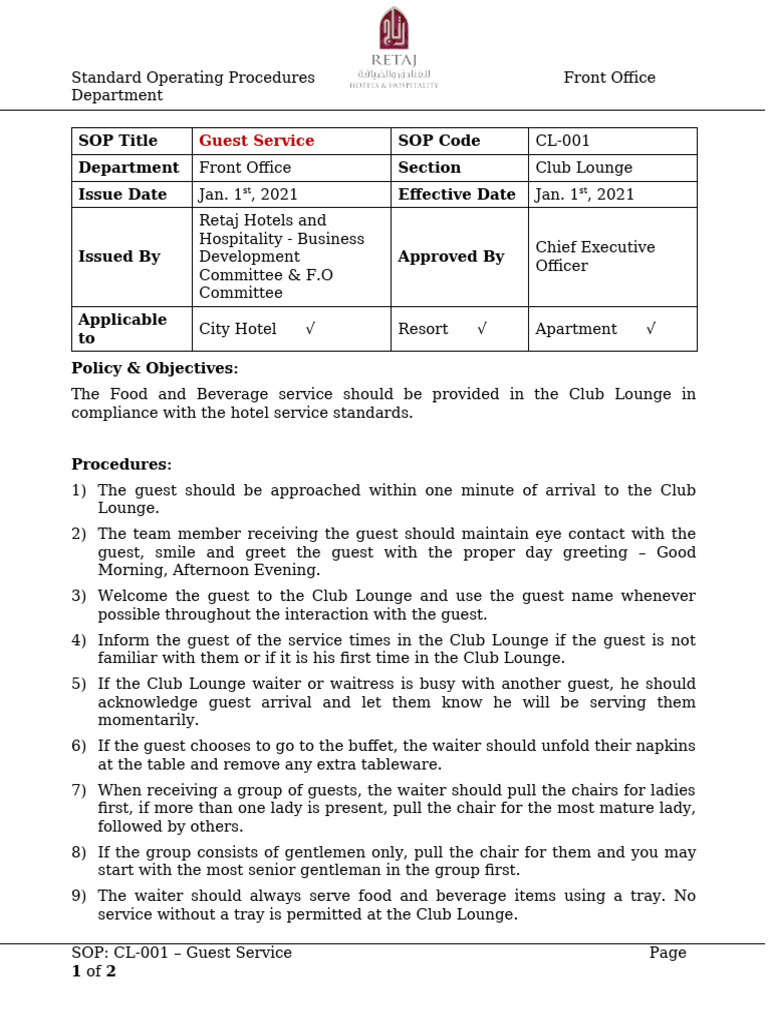 Club Lounge Guest Service SOP | PDF | Waiting Staff | Cheque