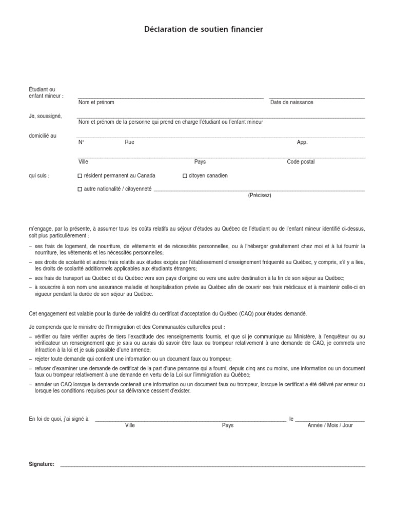 Dã Claration De Soutien Financier Pdf