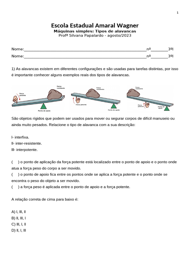 Exercícios Máquinas Simples Tipos De Alavancas 2 Pdf