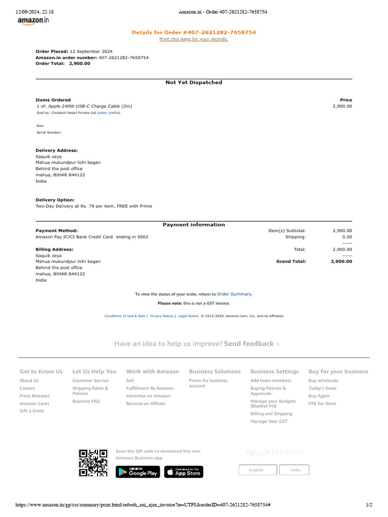 Amazon Order Confirmation: Apple Cable | PDF