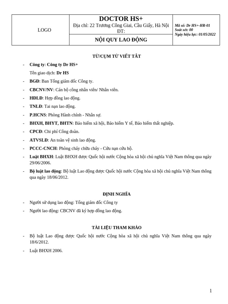 Noi Quy Lao Dong DR HS+ | PDF