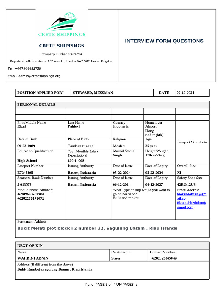Crete Shipping Online Interview Form-1-1 | PDF