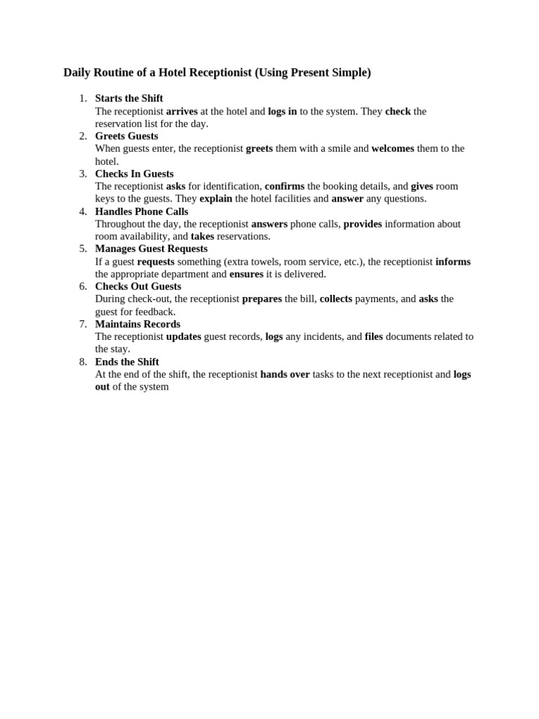 Daily Routine of A Hotel Receptionist | PDF