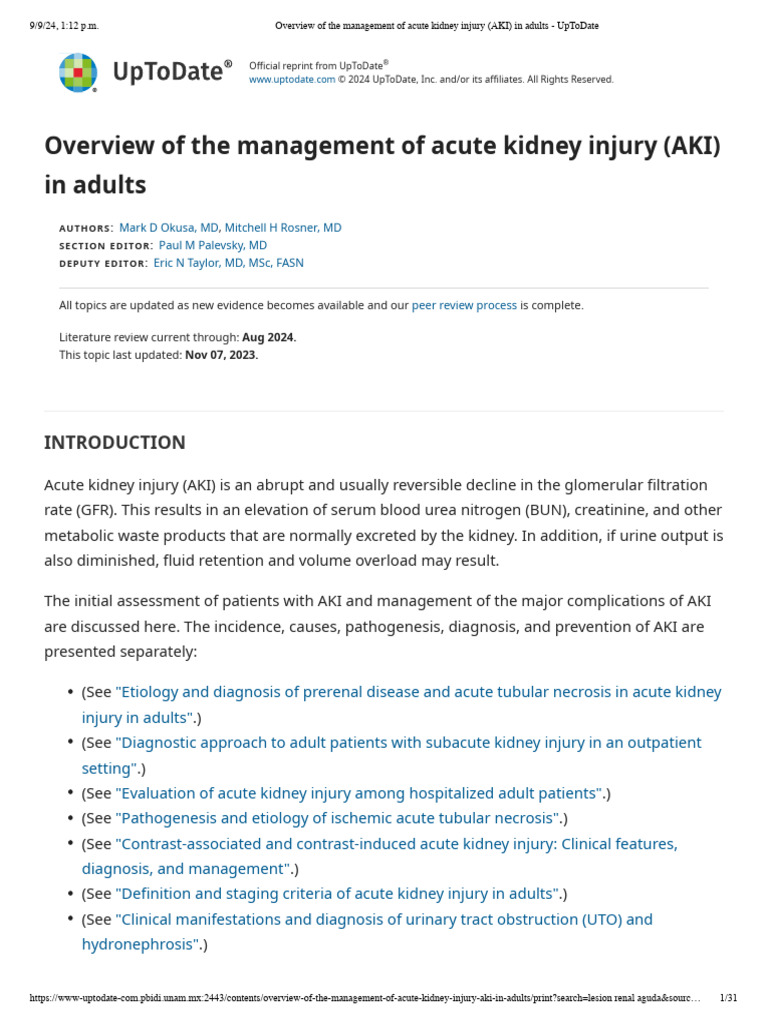 Overview of The Management of Acute Kidney Injury (AKI) in Adults ...