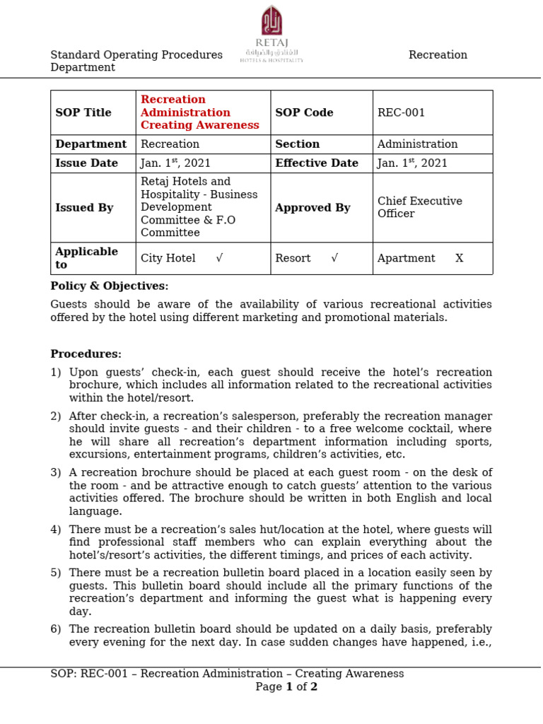 (REC-001) Recreation - Administration - Creating Awareness | PDF