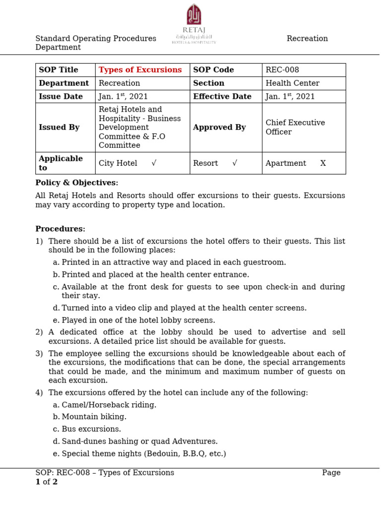 (REC-008) Recreation - Types of Excursions | PDF