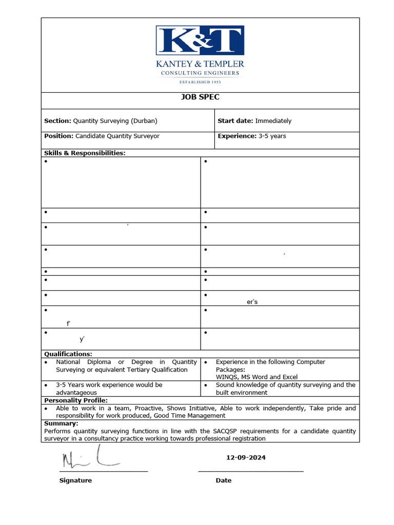 Job Spec - Candidate Quantity Surveyor (Durban) | PDF