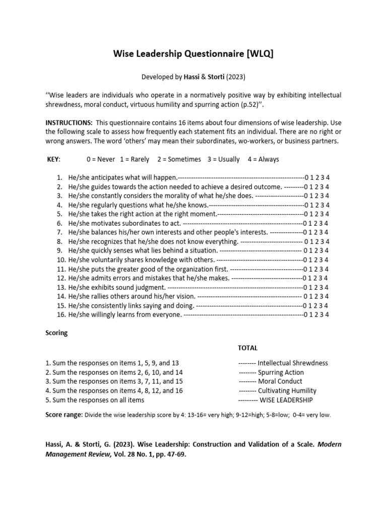 Wise Leadership Questionnaire (WLQ) | PDF