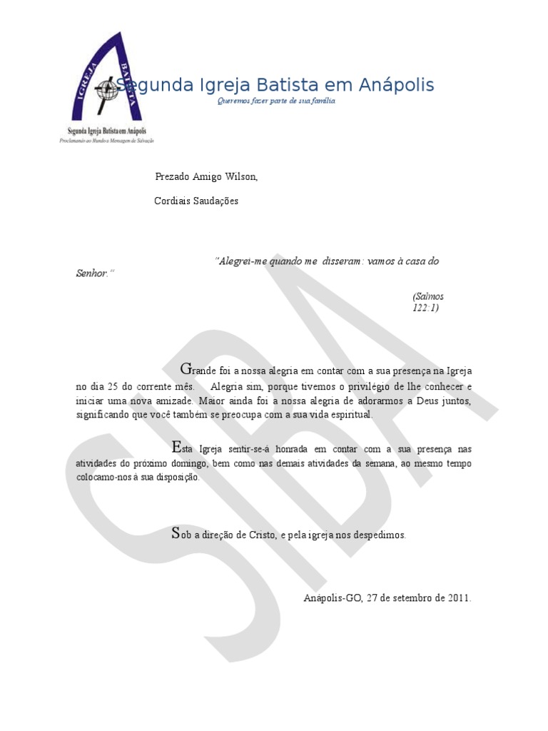 Agradecimento Visita A Igreja PDF