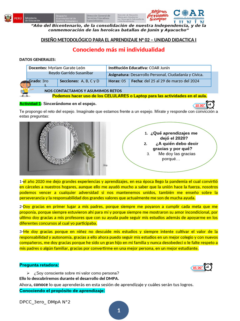 Dmpa 02 3ro DPCC Unidad 1 I Trimestre 2024 | PDF