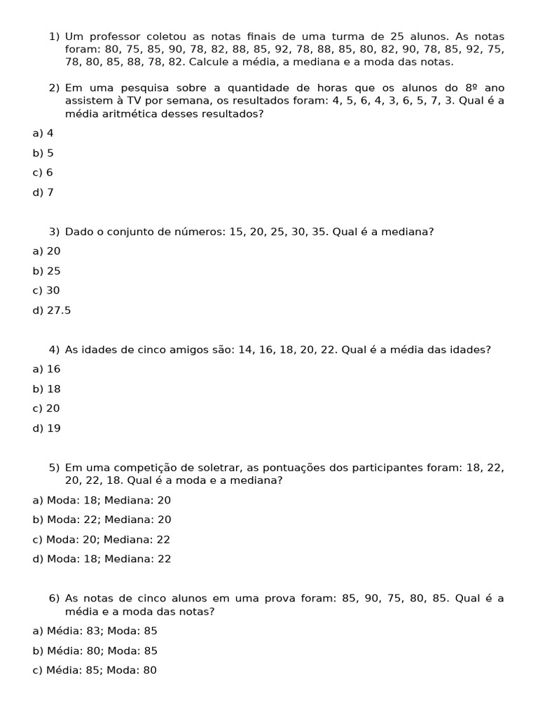 Exercícios-Média, Moda e Mediana. | PDF