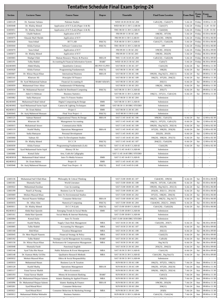 Final Exam Schedule Spring-24 | PDF