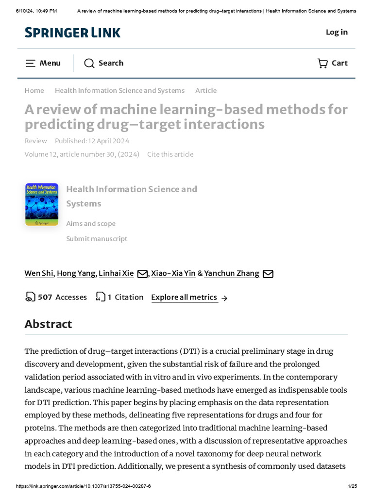 A Review of Machine Learning-Based Methods For Predicting Drug-Target ...