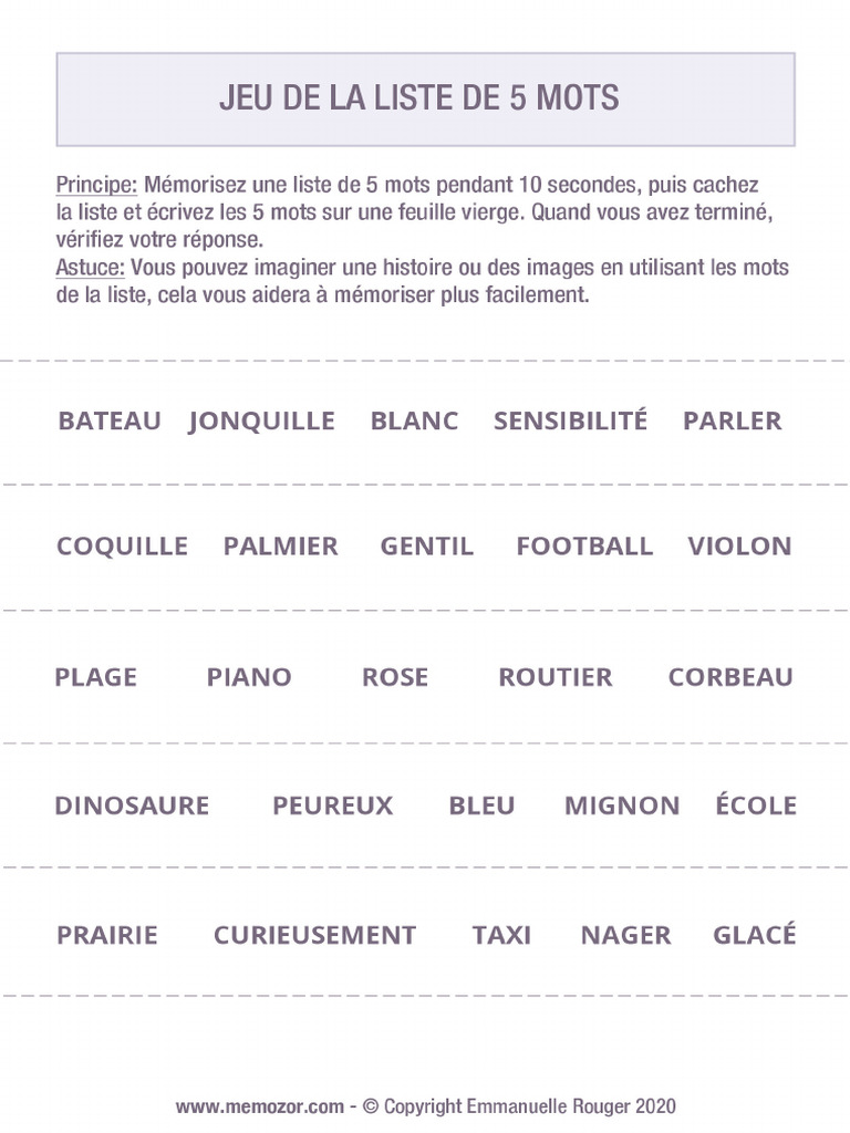 Jeu Memoire Listes de 5 Mots | PDF