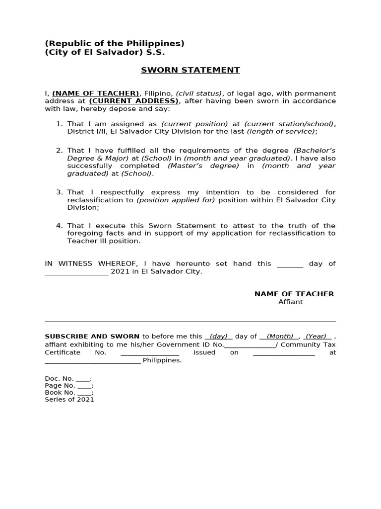 Sworn Statement Sample T1 3MT | PDF