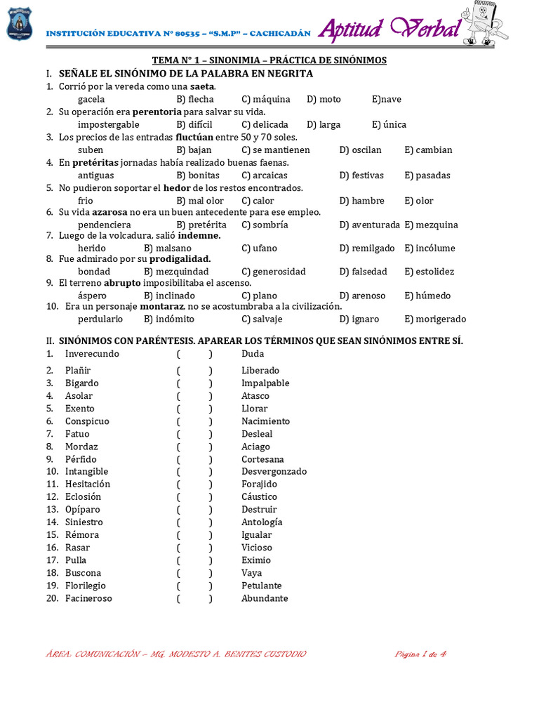 Práctica Sinónimos 5to - 24 | PDF