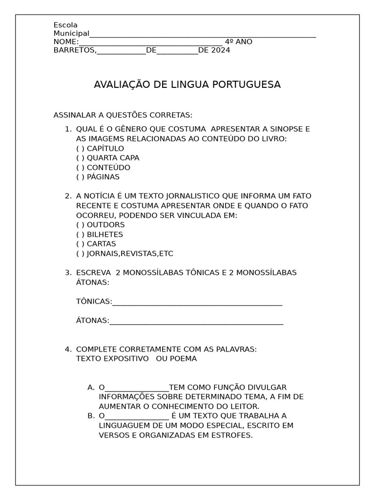Avaliação de Lingua Portuguesa | PDF
