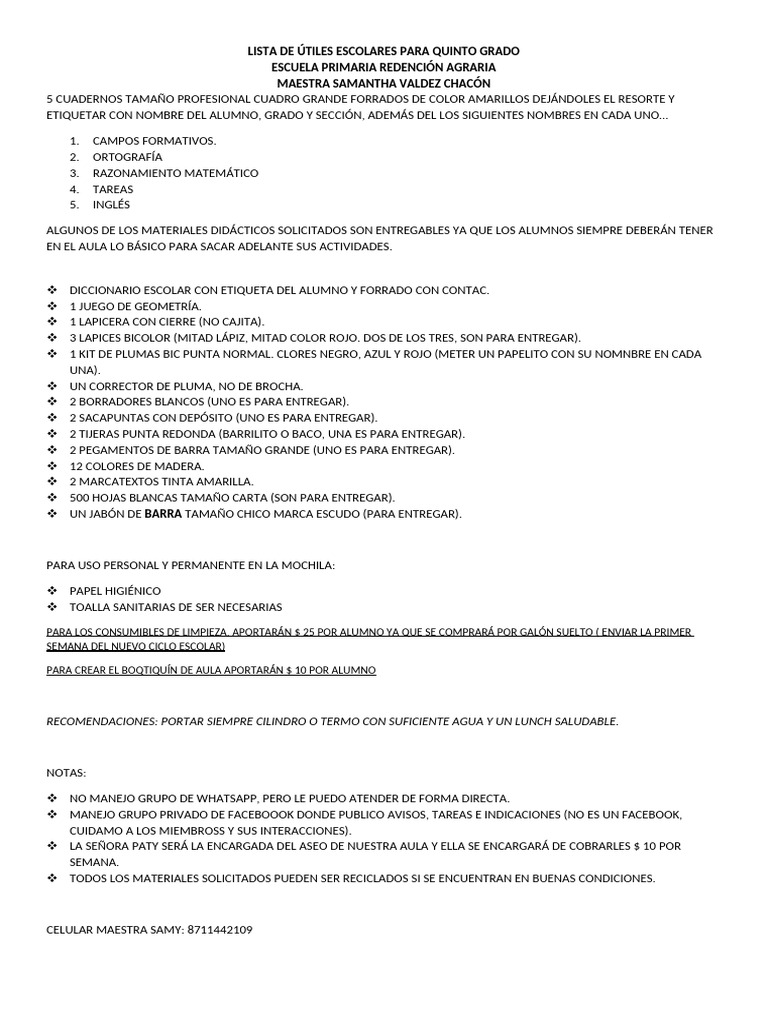 Lista de Útiles Escolares para Quinto Grado | PDF