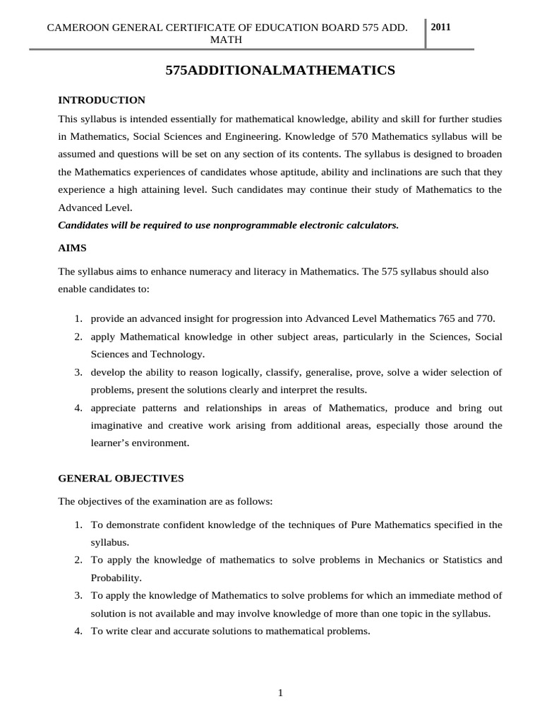 575 Add Maths Syllabus 2015 | PDF