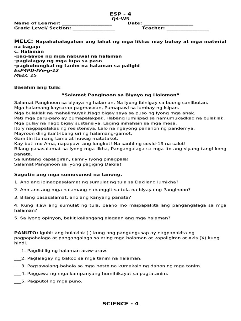 Grade 4 Learning Activity Sheet April 25 2024 Pdf