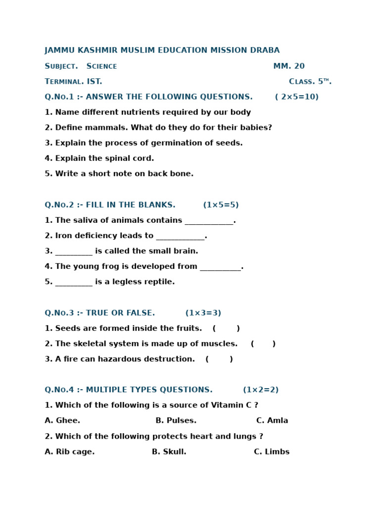 Class 5th science paper pdf