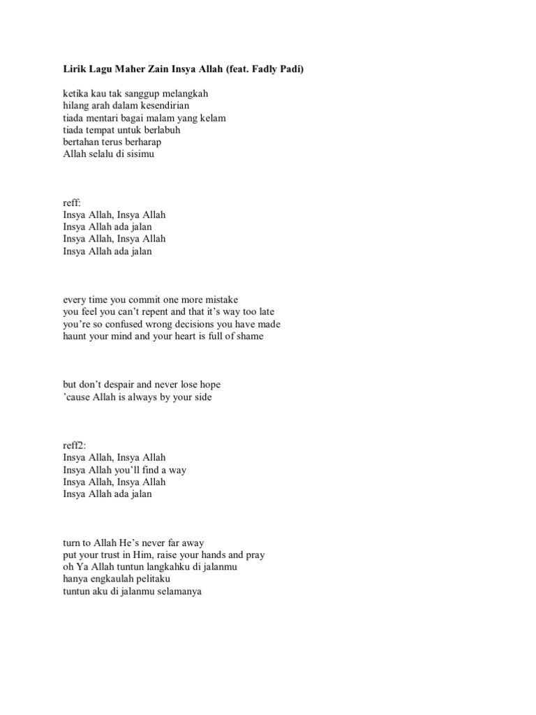 Lirik Lagu Maher Zain Insya Allah