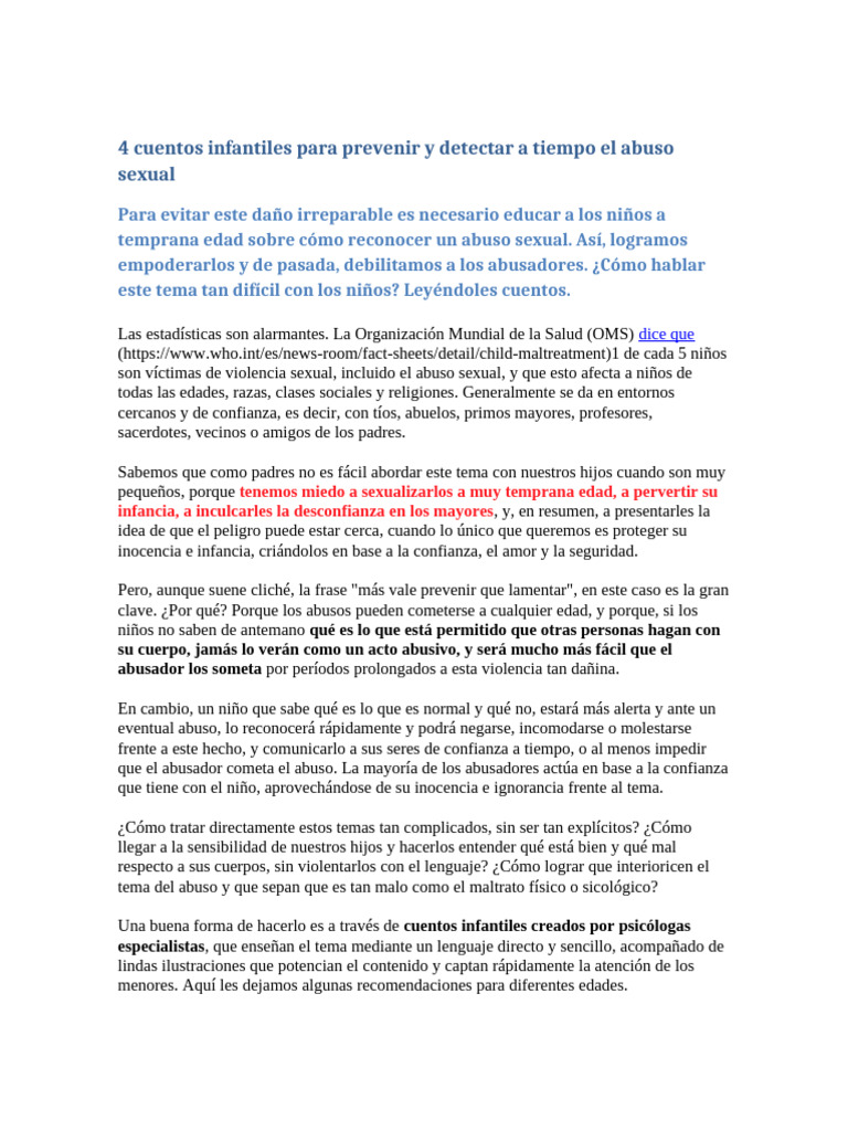 Cuentos para prevenir abuso infantil | PDF | Abuso sexual | Abuso infantil