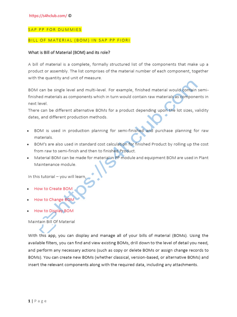 BILL OF MATERIAL BOM IN SAP PP Docx 1719891999 | PDF