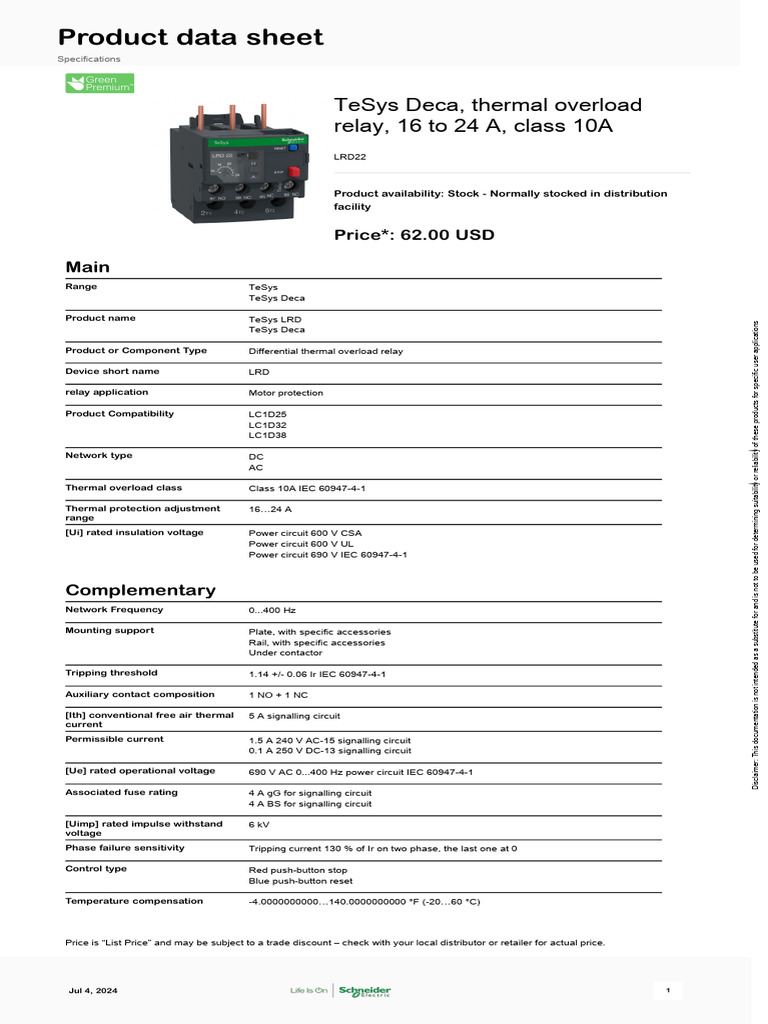 Schneider Electric - TeSys-Deca-Overload-Relays - LRD22 | PDF | Relay ...