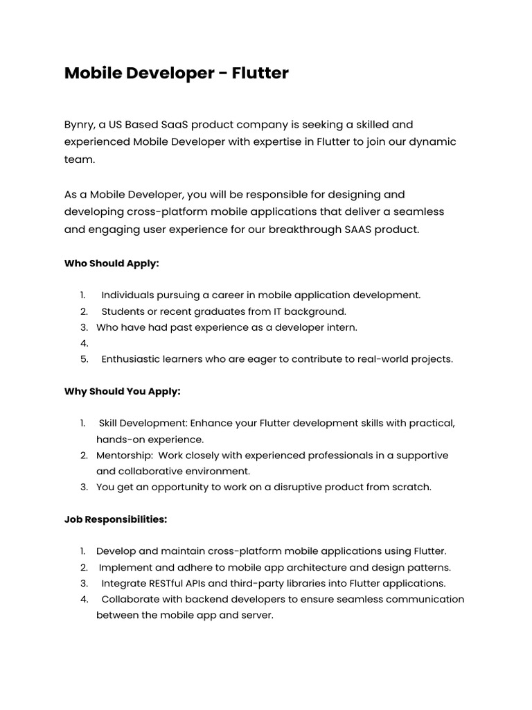 JD - Mobile Developer - Flutter | PDF