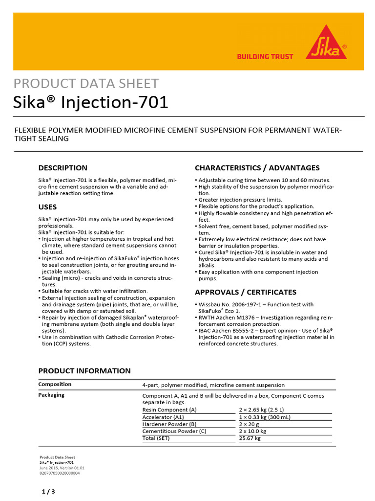 Sika Injection-701 | PDF | Cement | Concrete