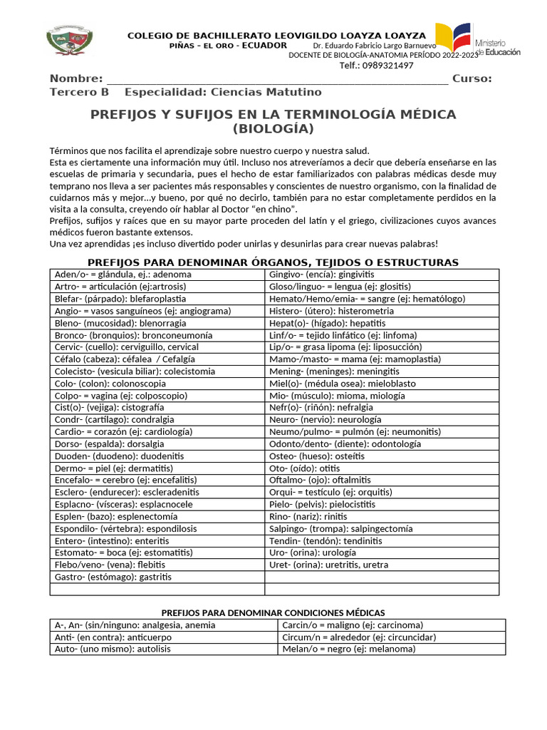 Terminologías de Biologia Prefijos-Sufijos | PDF