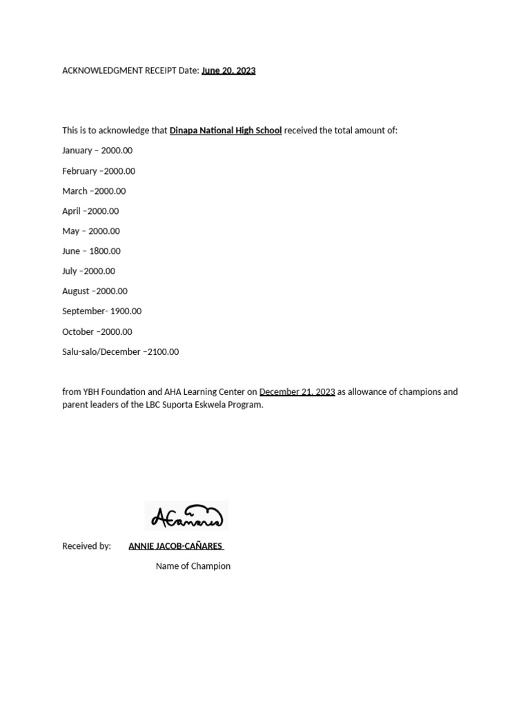 ACKNOWLEDGMENT RECEIPT Template | PDF