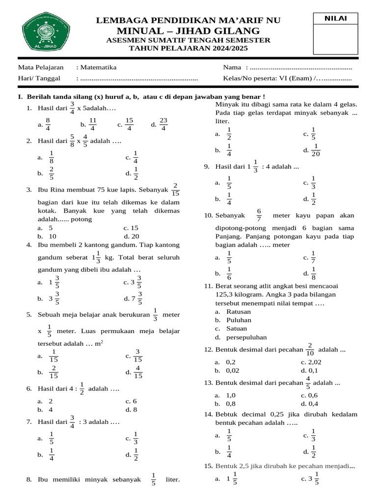 Soal Matematika Kelas 6 Pdf