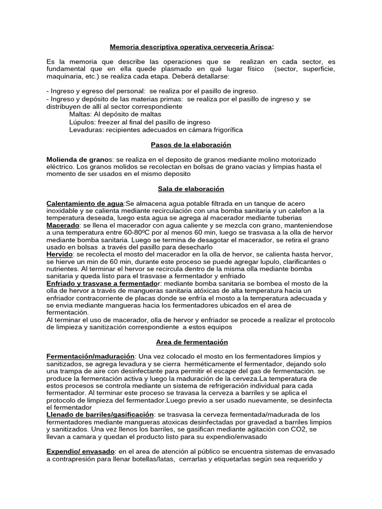 Memoria Descriptiva Operativa Cerveceria Arisca | PDF