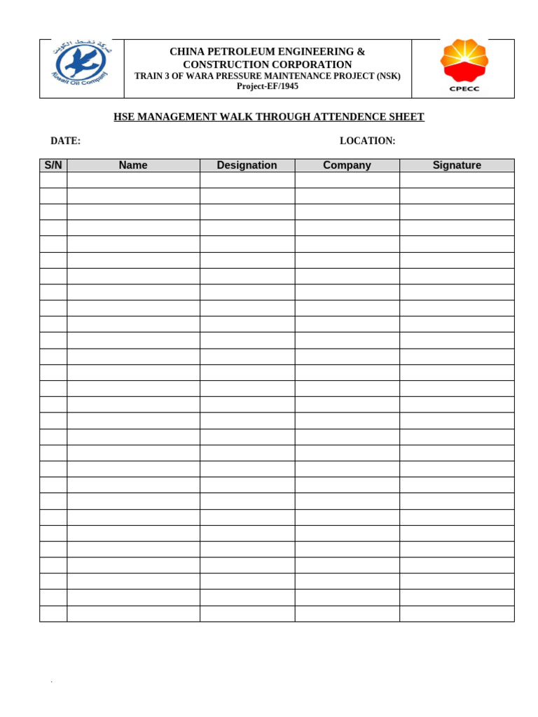 Hse Management Walk Through Attendence Sheet | PDF