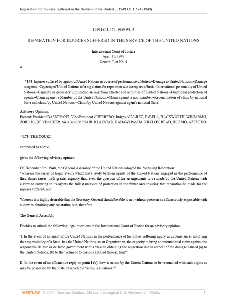 Reparation For Injuries Suffered in The Service of The United Nations | PDF