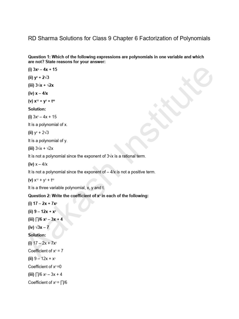 RD Sharma Solutions For Class 9 Chapter 6 Factorization of Polynomials ...