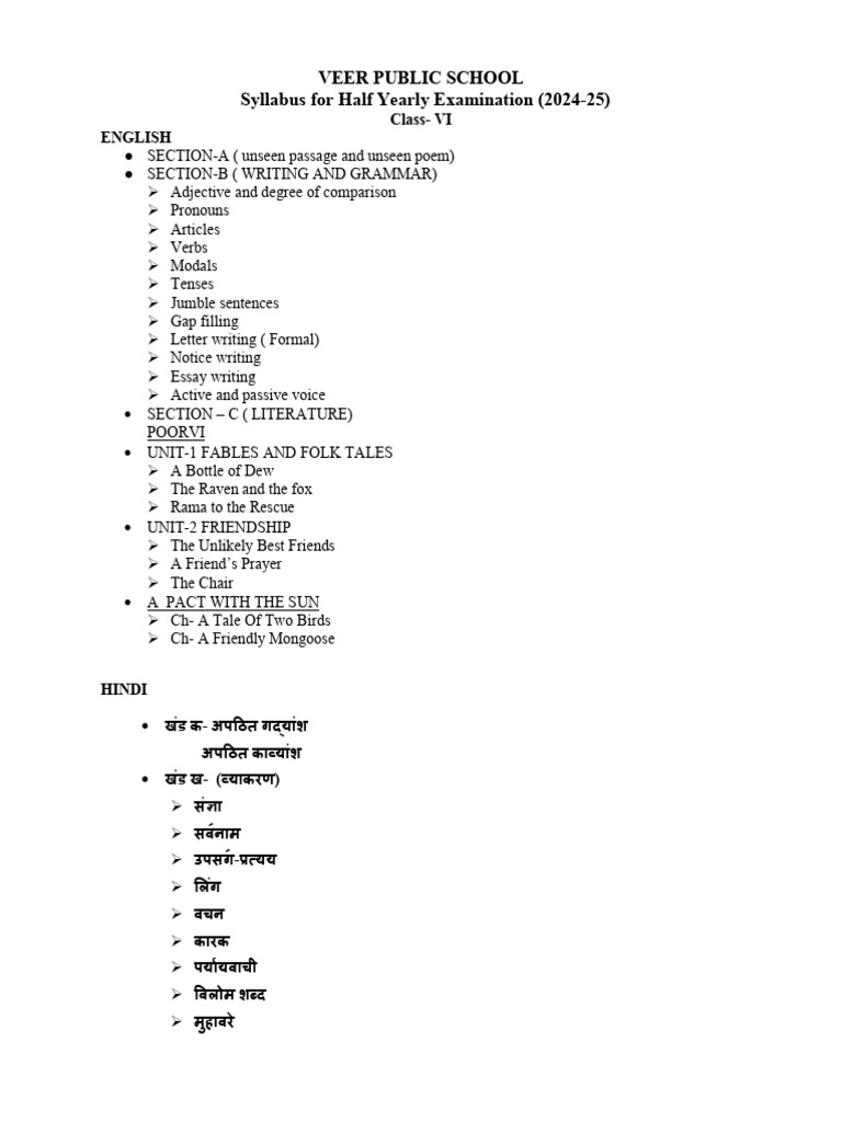 Class 6 Half Yearly Syllabus 2024-25 | PDF | Linguistics | Language ...