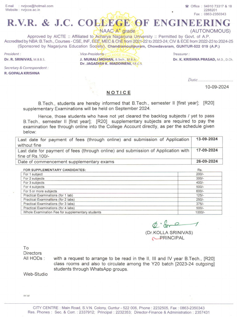 Notice B.tech., Sem II 1st Year R20 Supply. Exams. | PDF