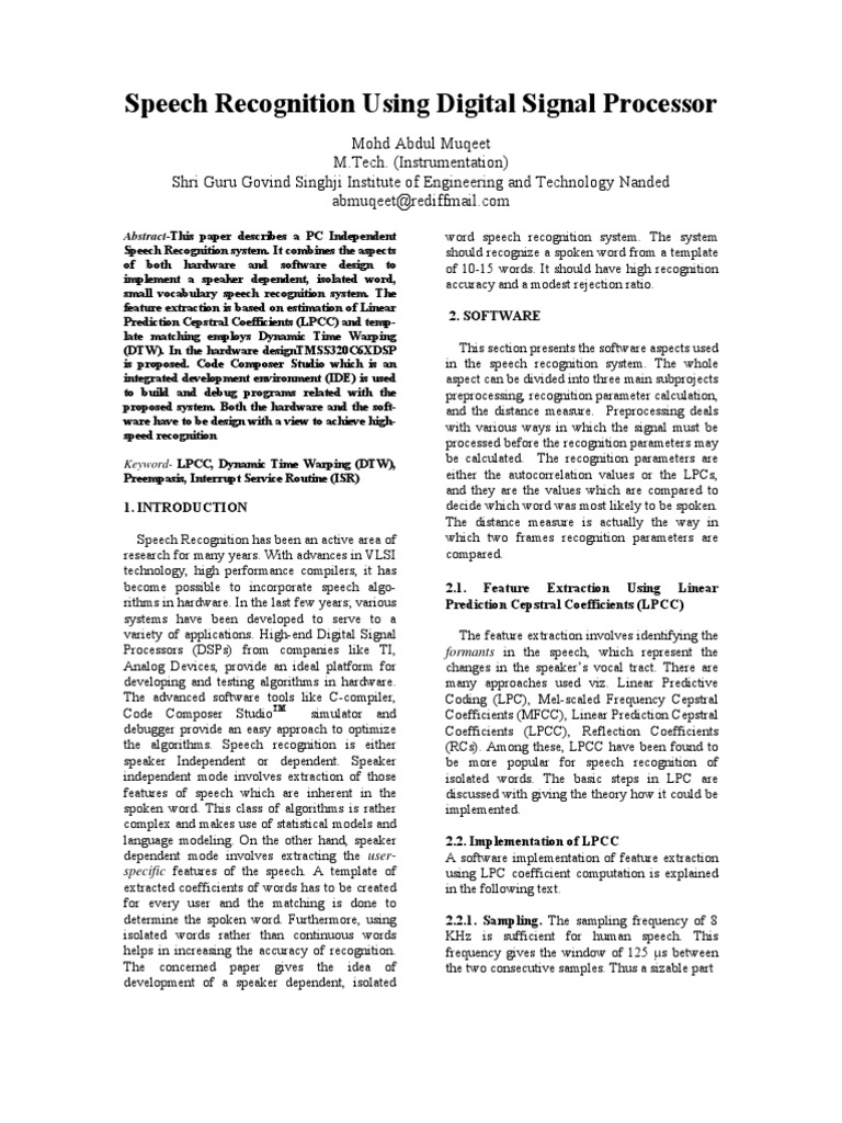 Speech Recognition Using DSP Processor Speech Recognition Digital
