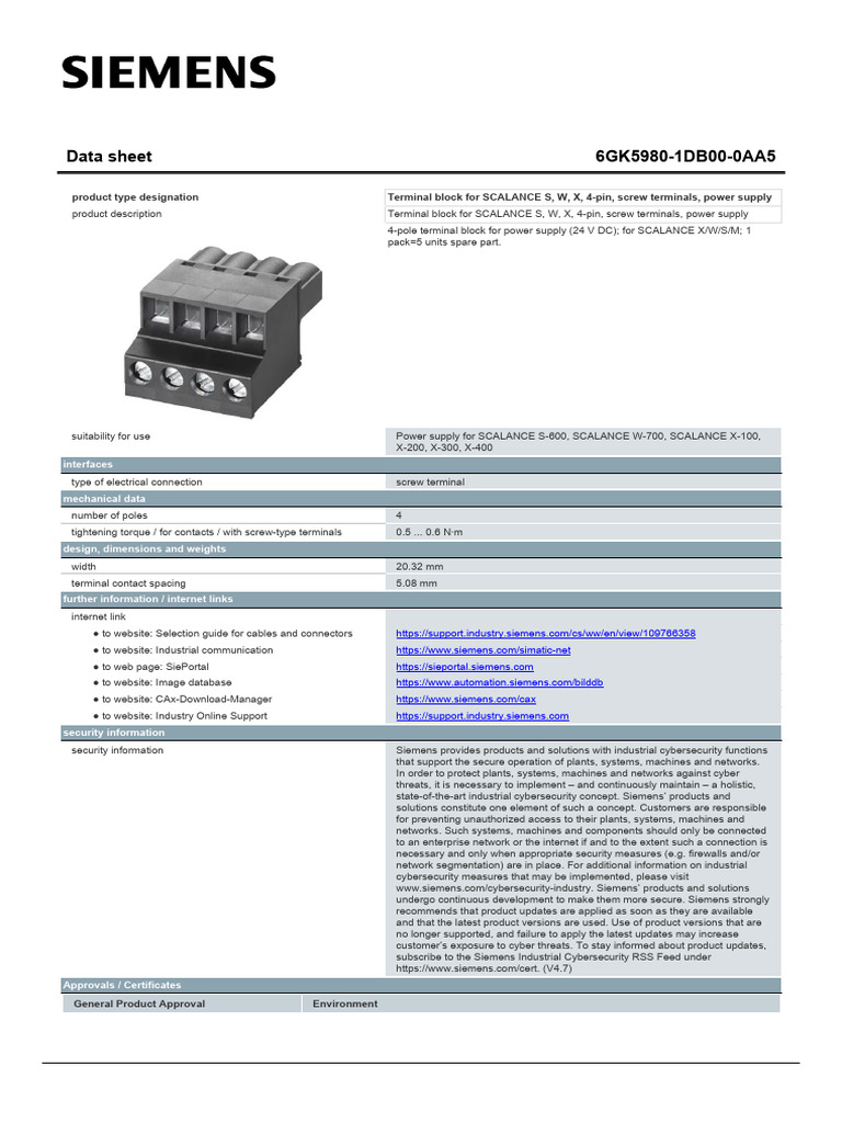 Siemens 6GK5980-1DB00-0AA5 Data Sheet | PDF