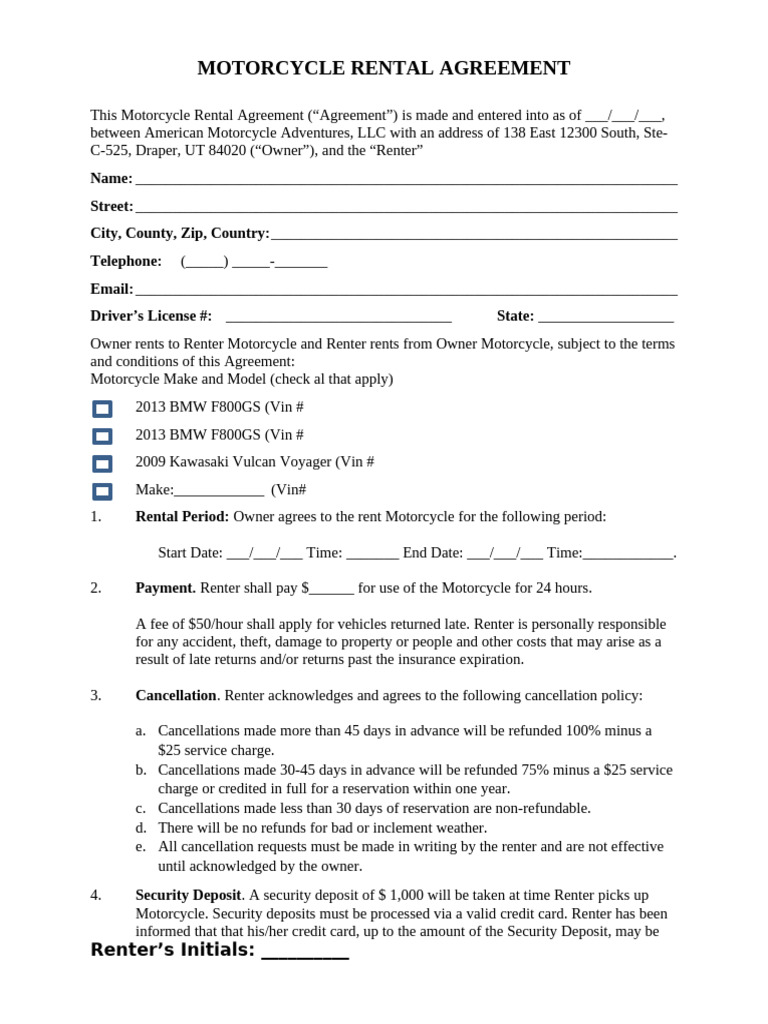 Motorcycle Rental Agreement Ama Rentals 1 | PDF